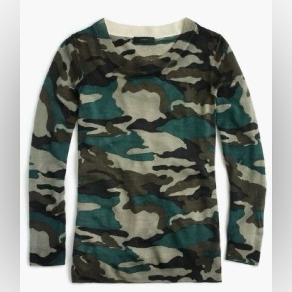 J. Crew Merino Wool Crew Neck Light Sweater in Green Brown Camo Sz. Medium - Picture 8 of 15